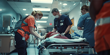 Medical team discussing patient care in hospital corridor