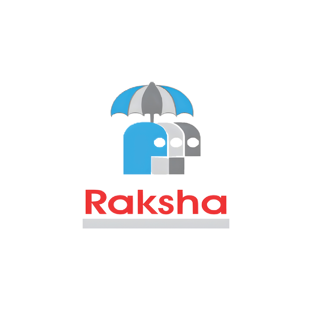 Raksha TPA logo with blue and red text and umbrella icon